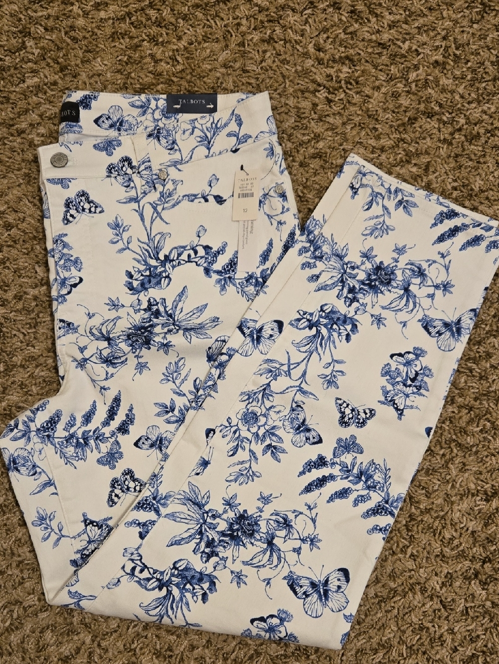 Talbots White Skinny Jeans with Blue Floral & Butterfly Print